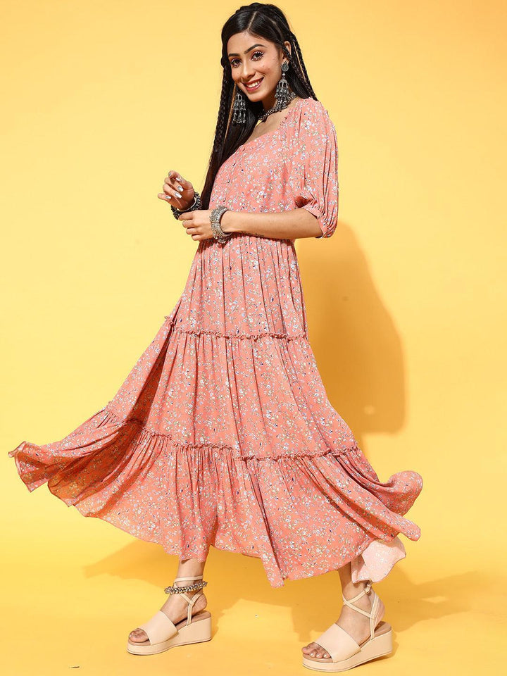 Peach Printed Georgette Dress - ShopLibas