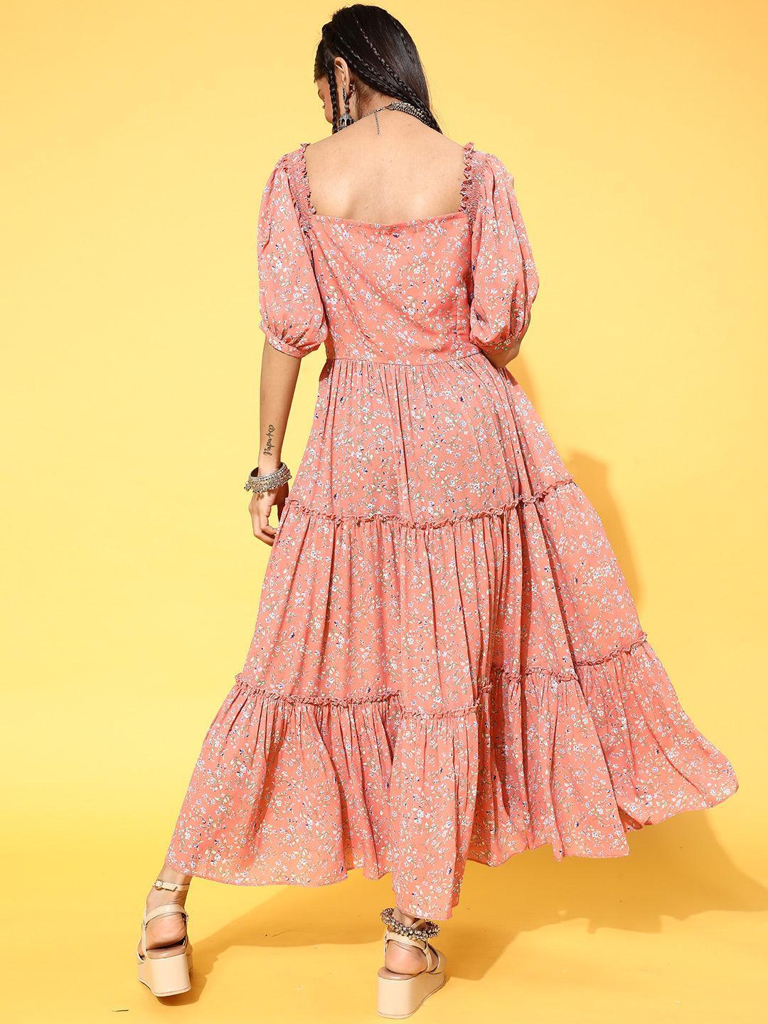 Peach Printed Georgette Dress