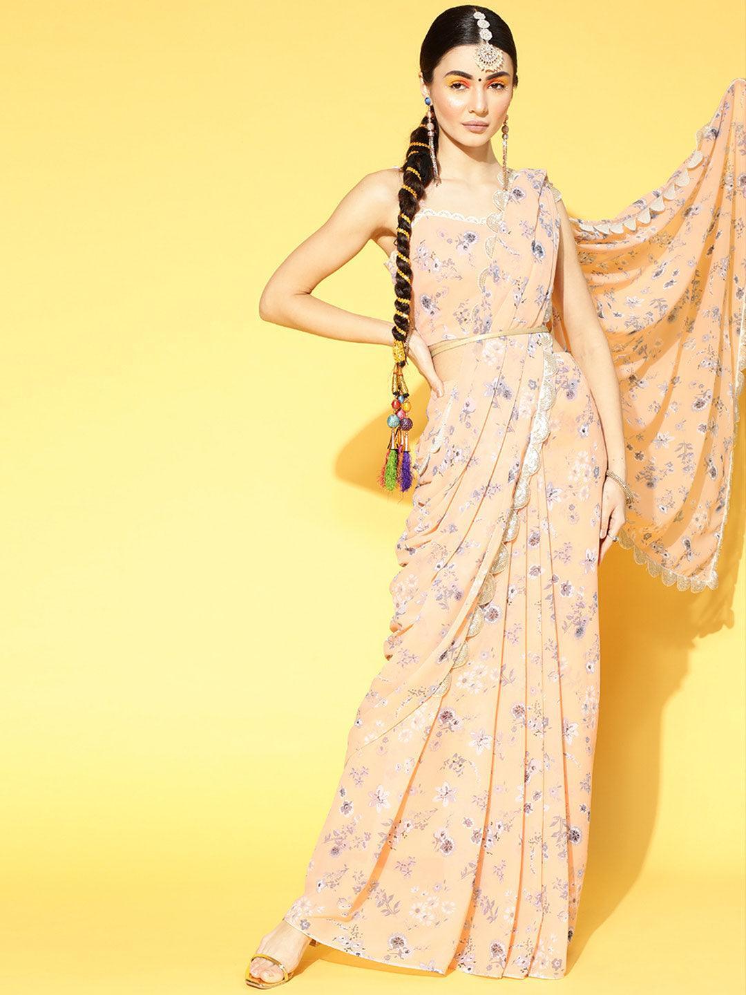 Peach Printed Georgette Saree