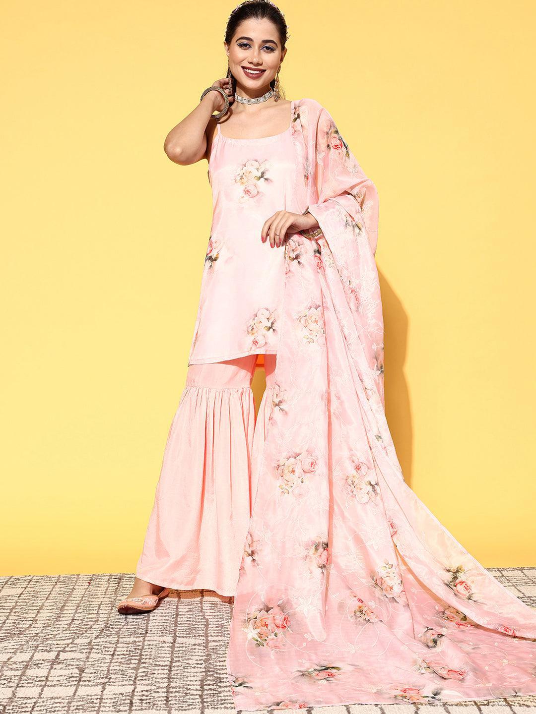 Peach Printed Organza Straight Suit Set