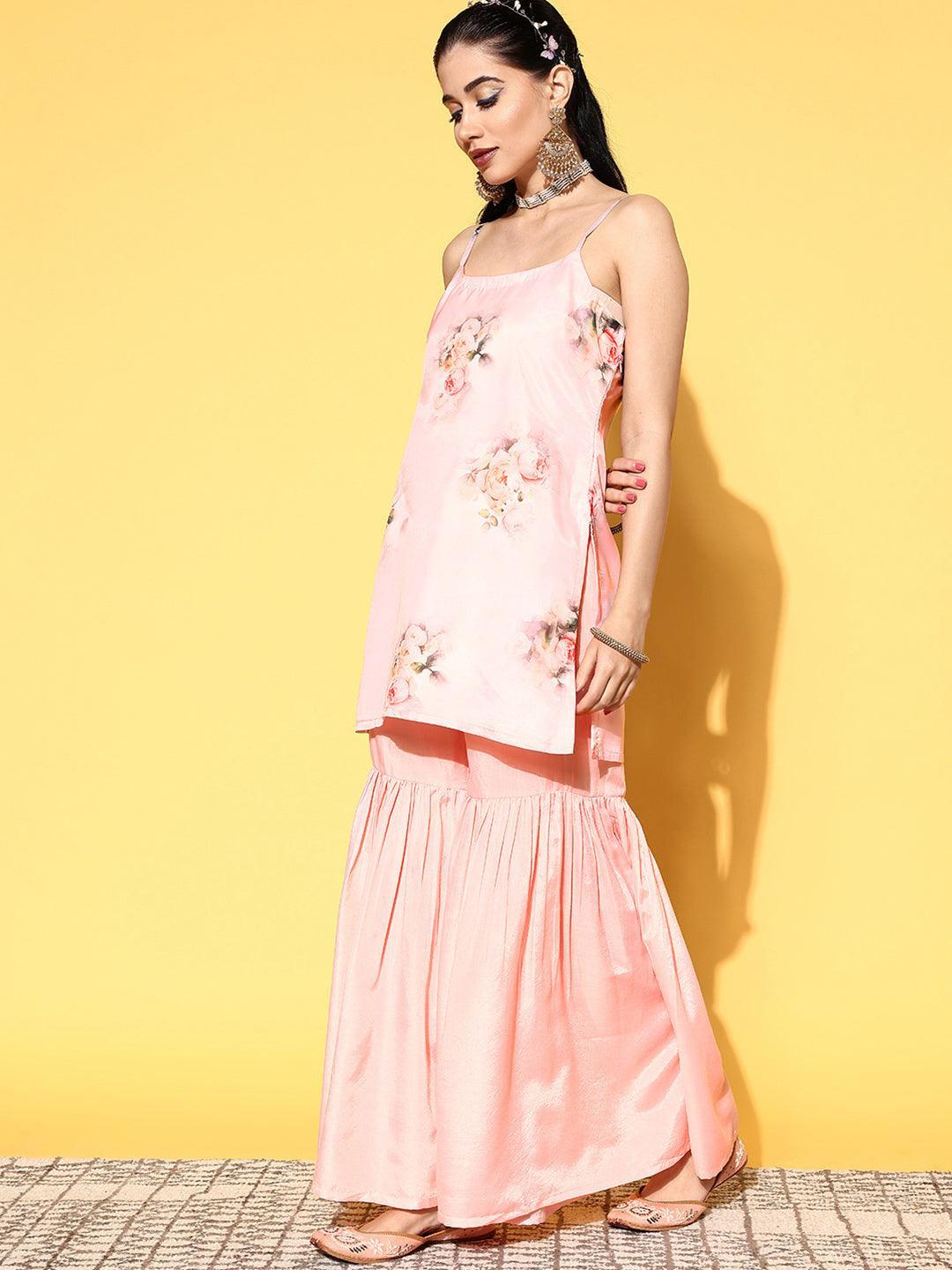 Peach Printed Organza Straight Suit Set