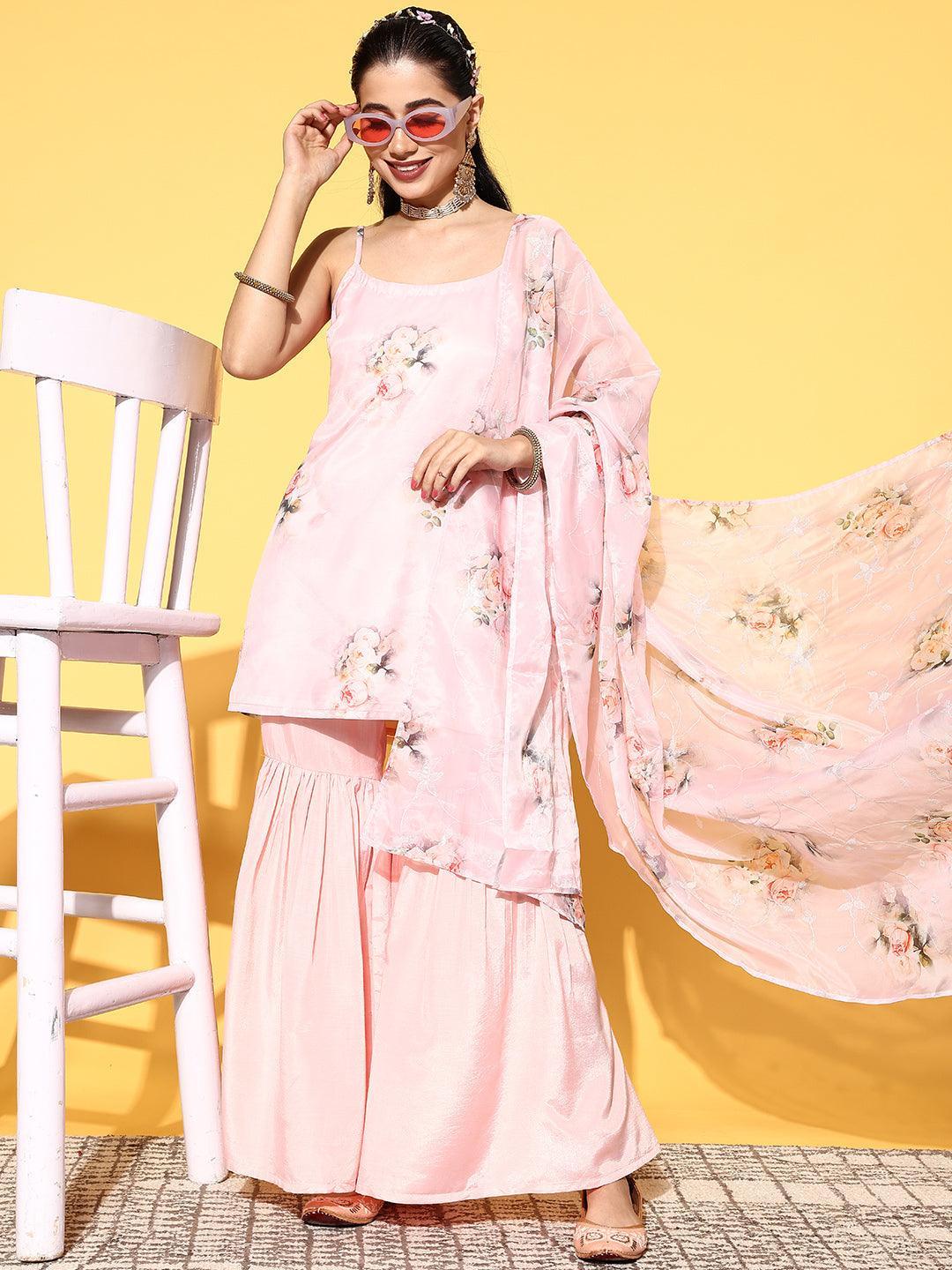 Peach Printed Organza Straight Suit Set