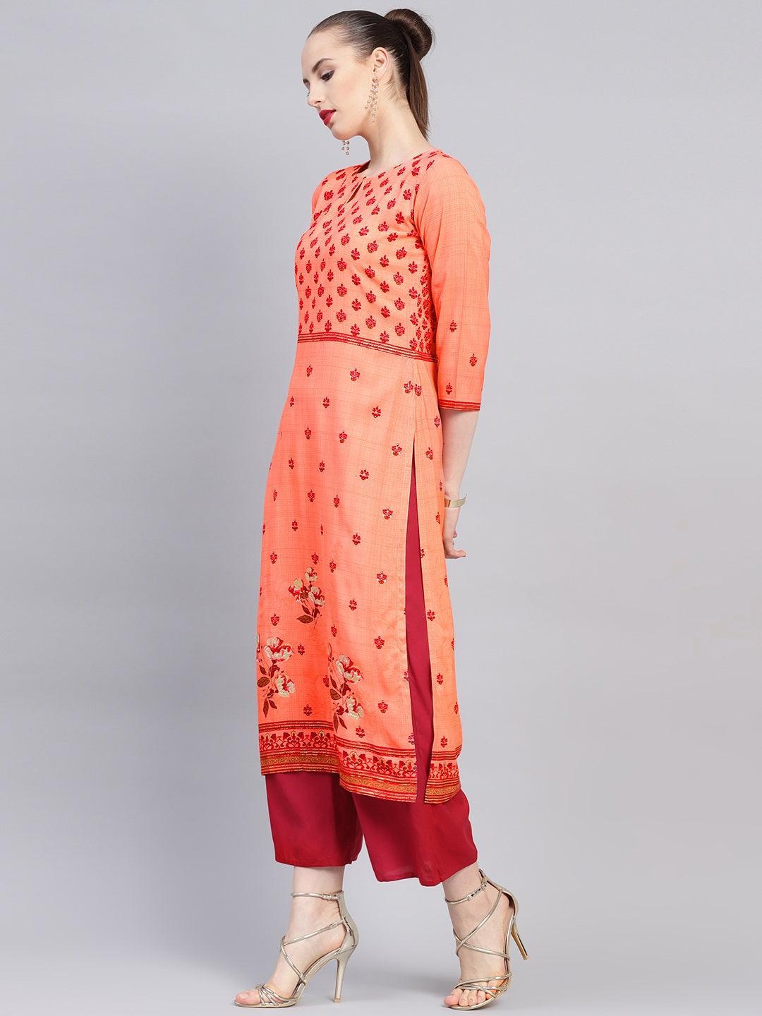 Peach Printed Rayon Kurta - Libas