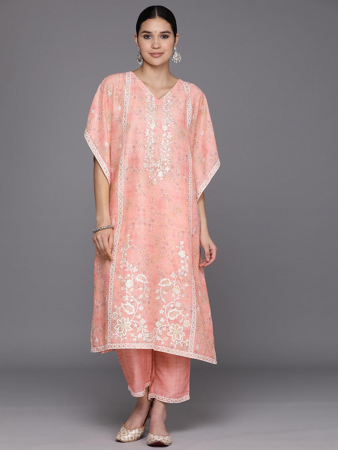 Peach Printed Silk Blend Kaftan Kaftan With Trousers