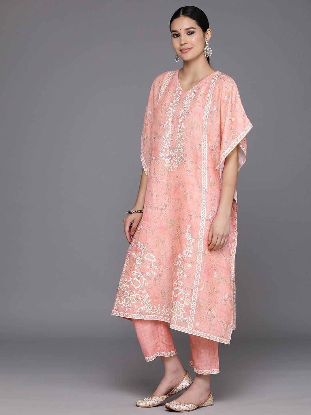 Peach Printed Silk Blend Kaftan Kaftan With Trousers