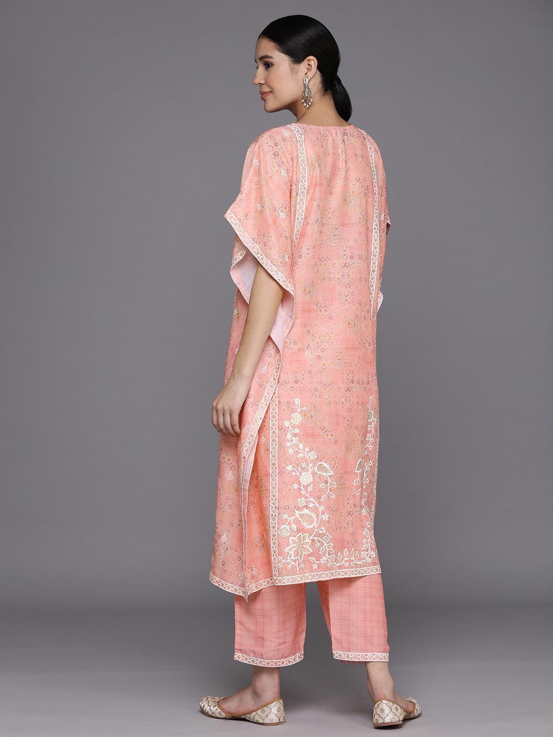 Peach Printed Silk Blend Kaftan Kaftan With Trousers