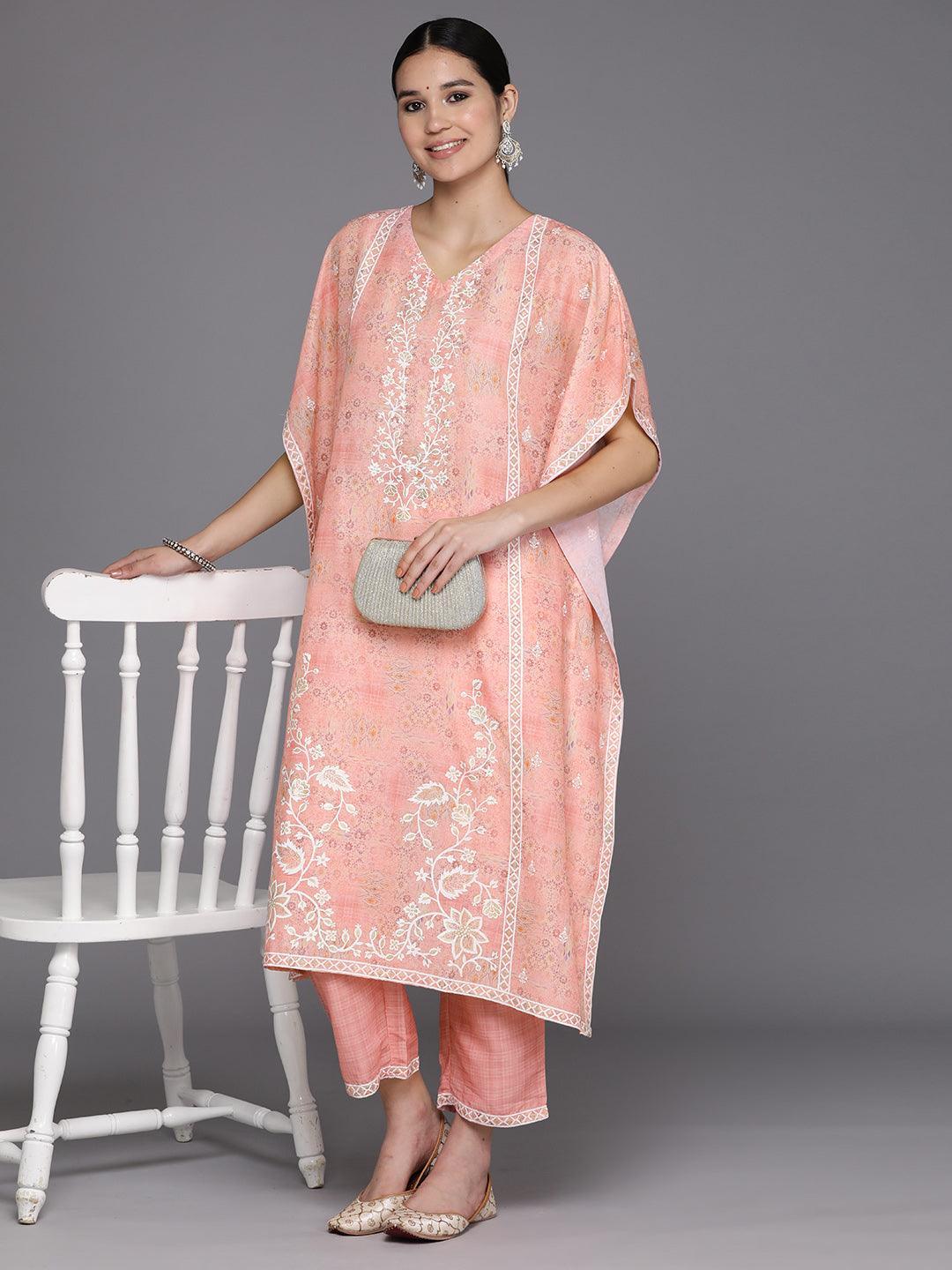 Peach Printed Silk Blend Kaftan Kaftan With Trousers