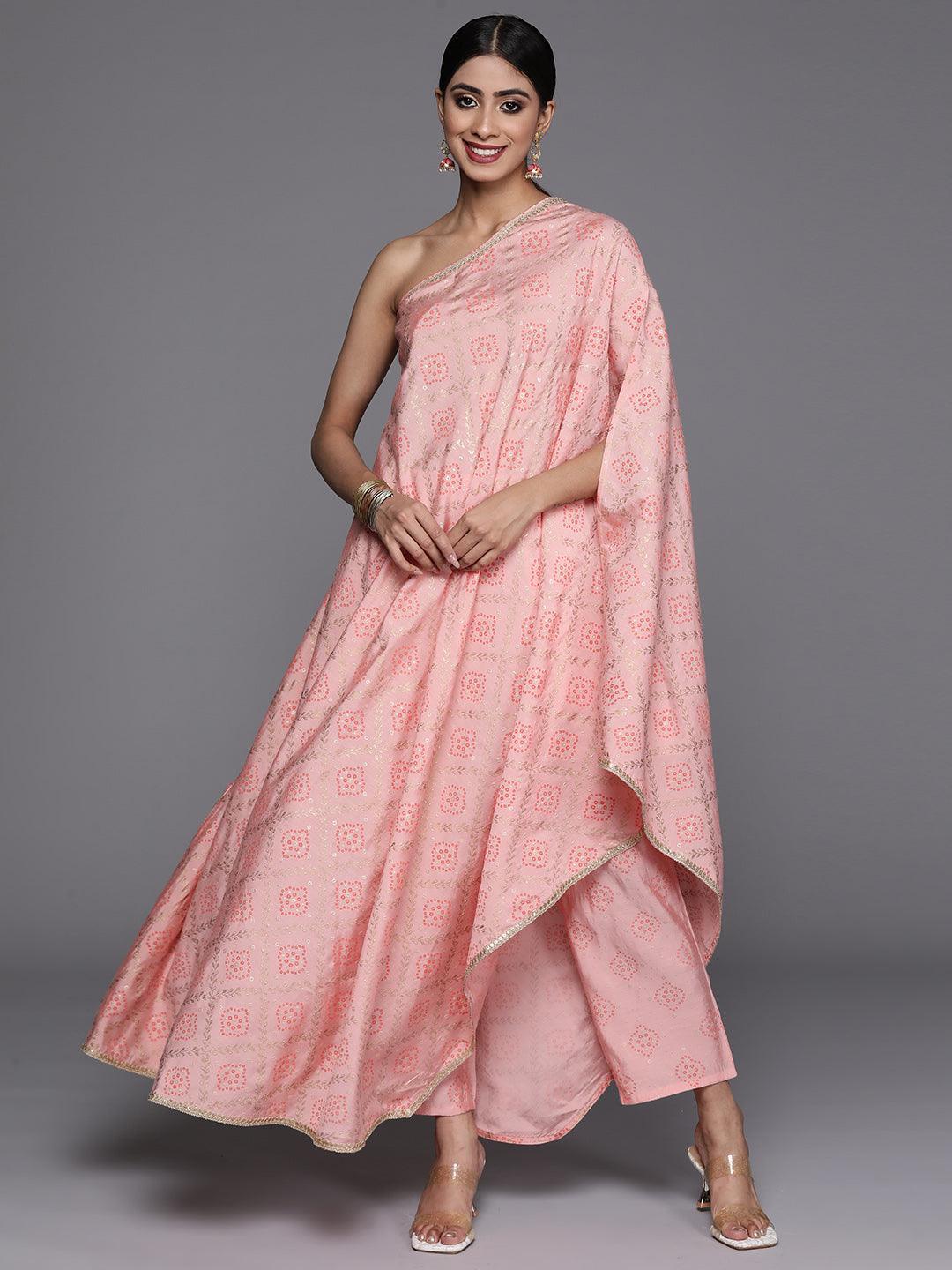 Peach Printed Silk Blend Kaftan Kurta With Trousers