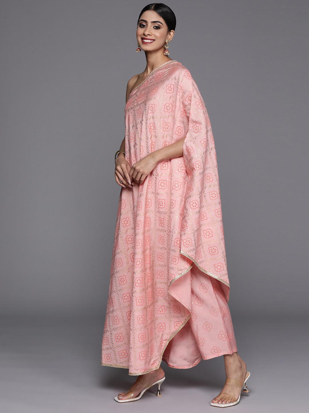 Peach Printed Silk Blend Kaftan Kurta With Trousers