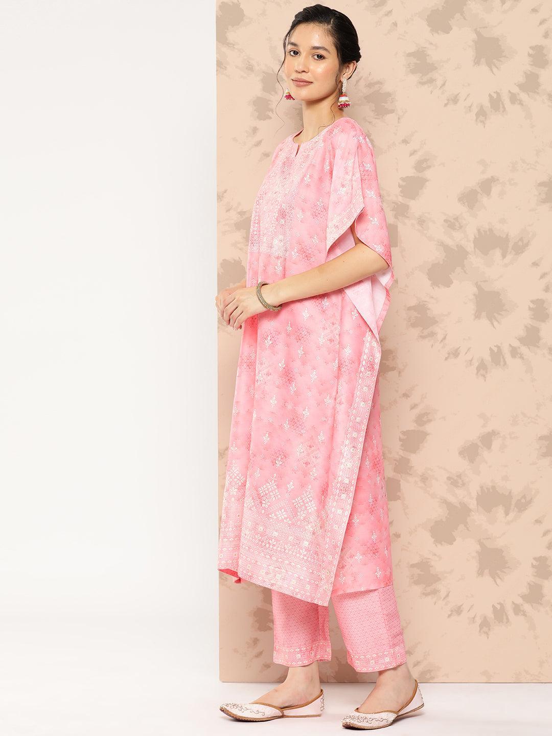 Peach Printed Silk Blend Kaftan Kurta With Trousers