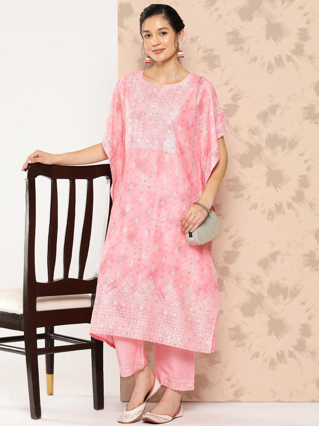 Peach Printed Silk Blend Kaftan Kurta With Trousers