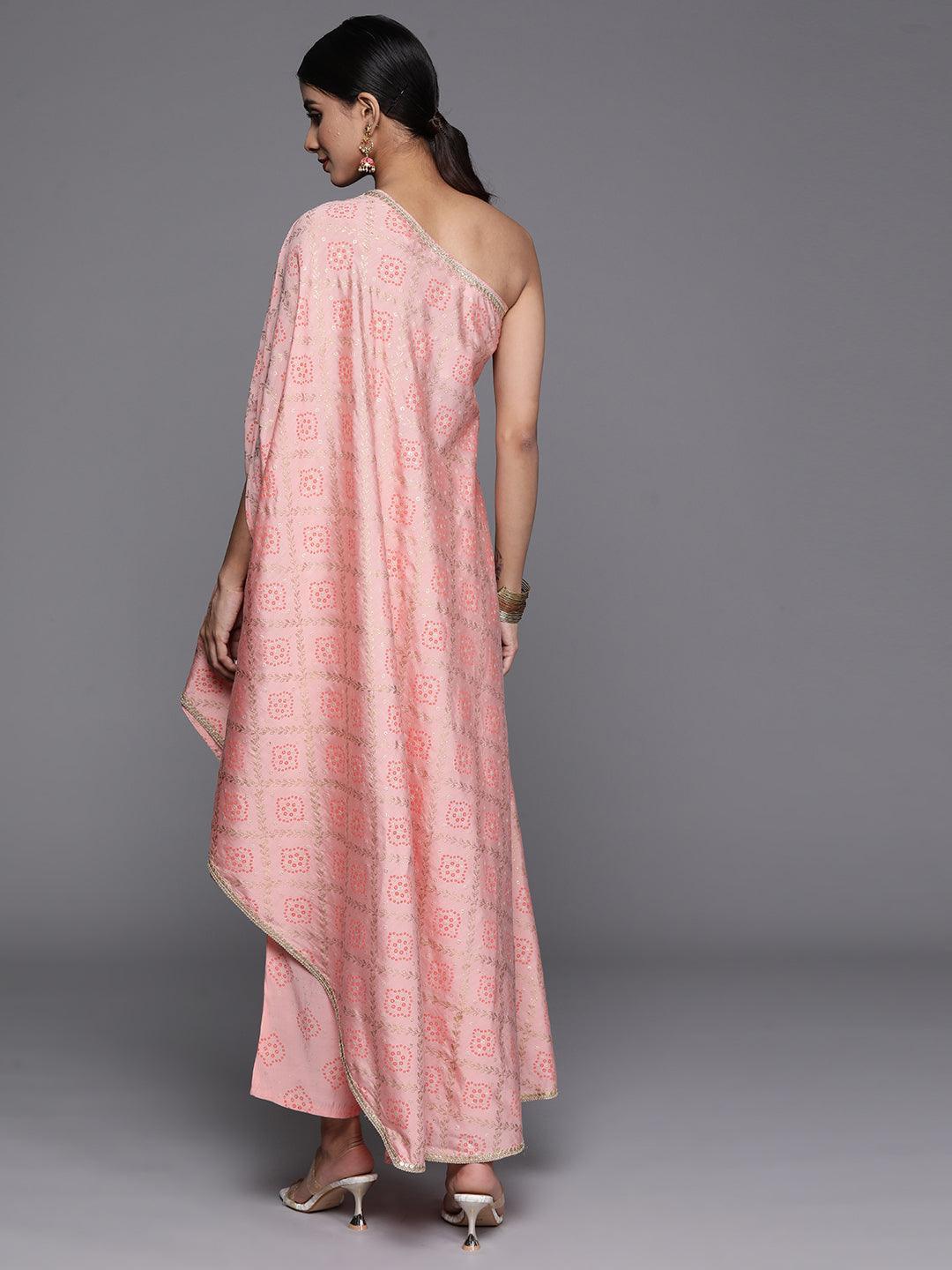 Peach Printed Silk Blend Kaftan Kurta With Trousers