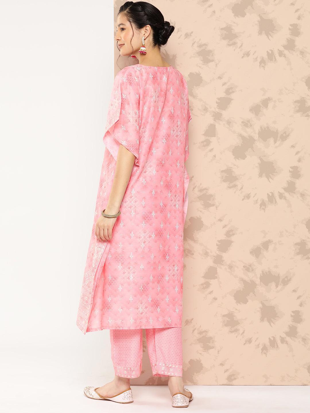 Peach Printed Silk Blend Kaftan Kurta With Trousers