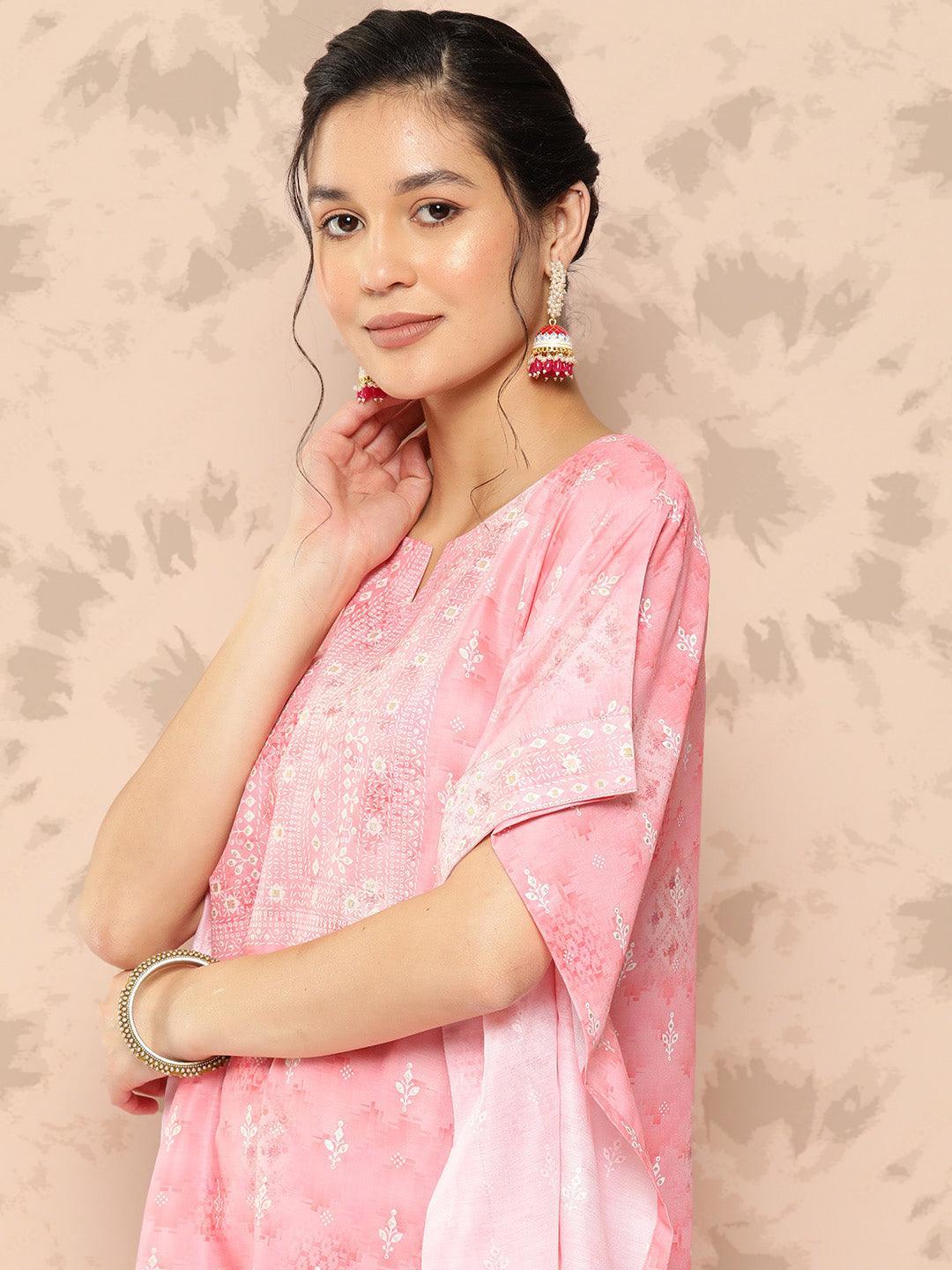 Peach Printed Silk Blend Kaftan Kurta With Trousers