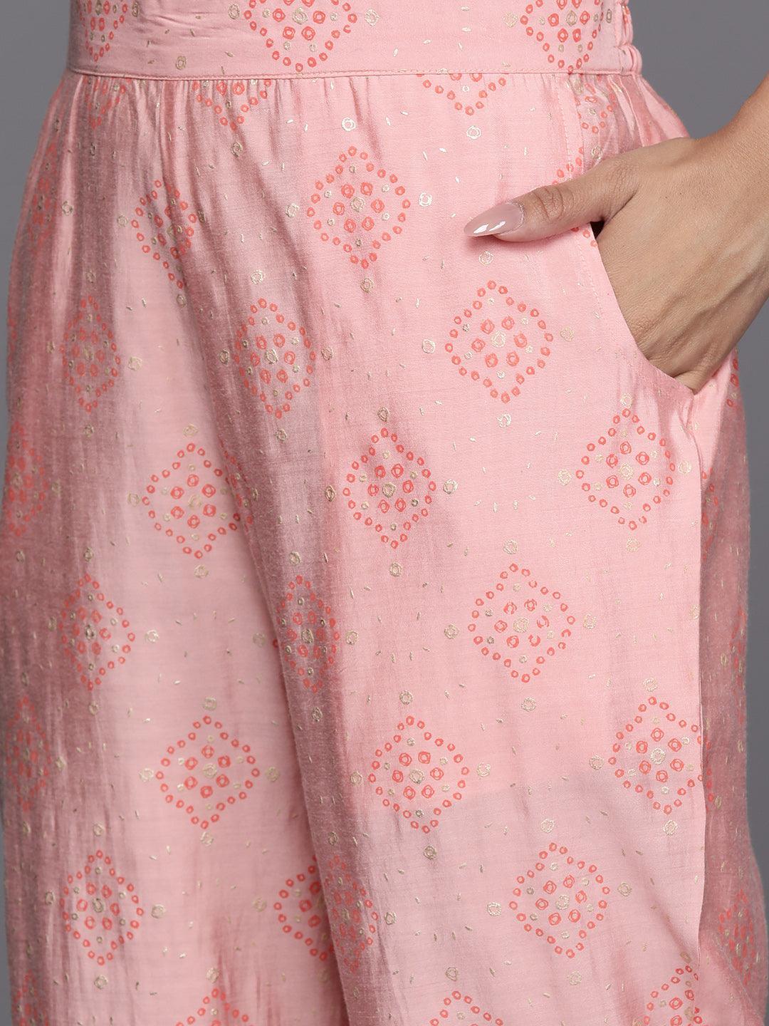 Peach Printed Silk Blend Kaftan Kurta With Trousers