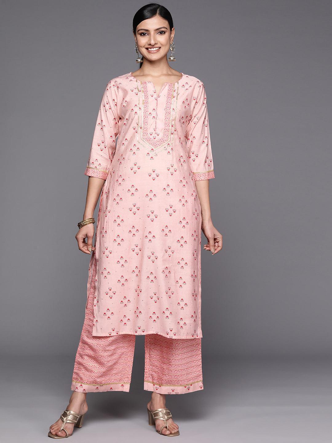 Peach Printed Silk Blend Straight Kurta Set With Palazzos