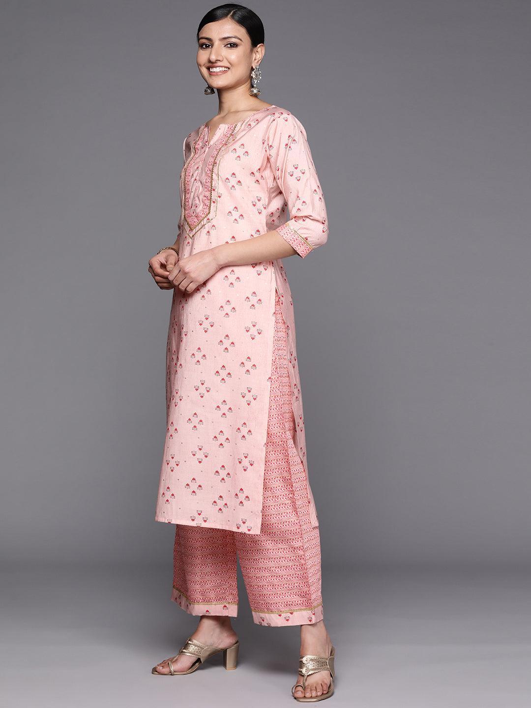 Peach Printed Silk Blend Straight Kurta Set With Palazzos