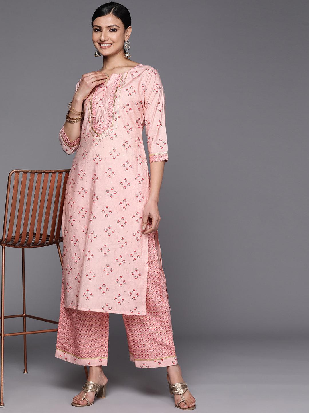 Peach Printed Silk Blend Straight Kurta Set With Palazzos