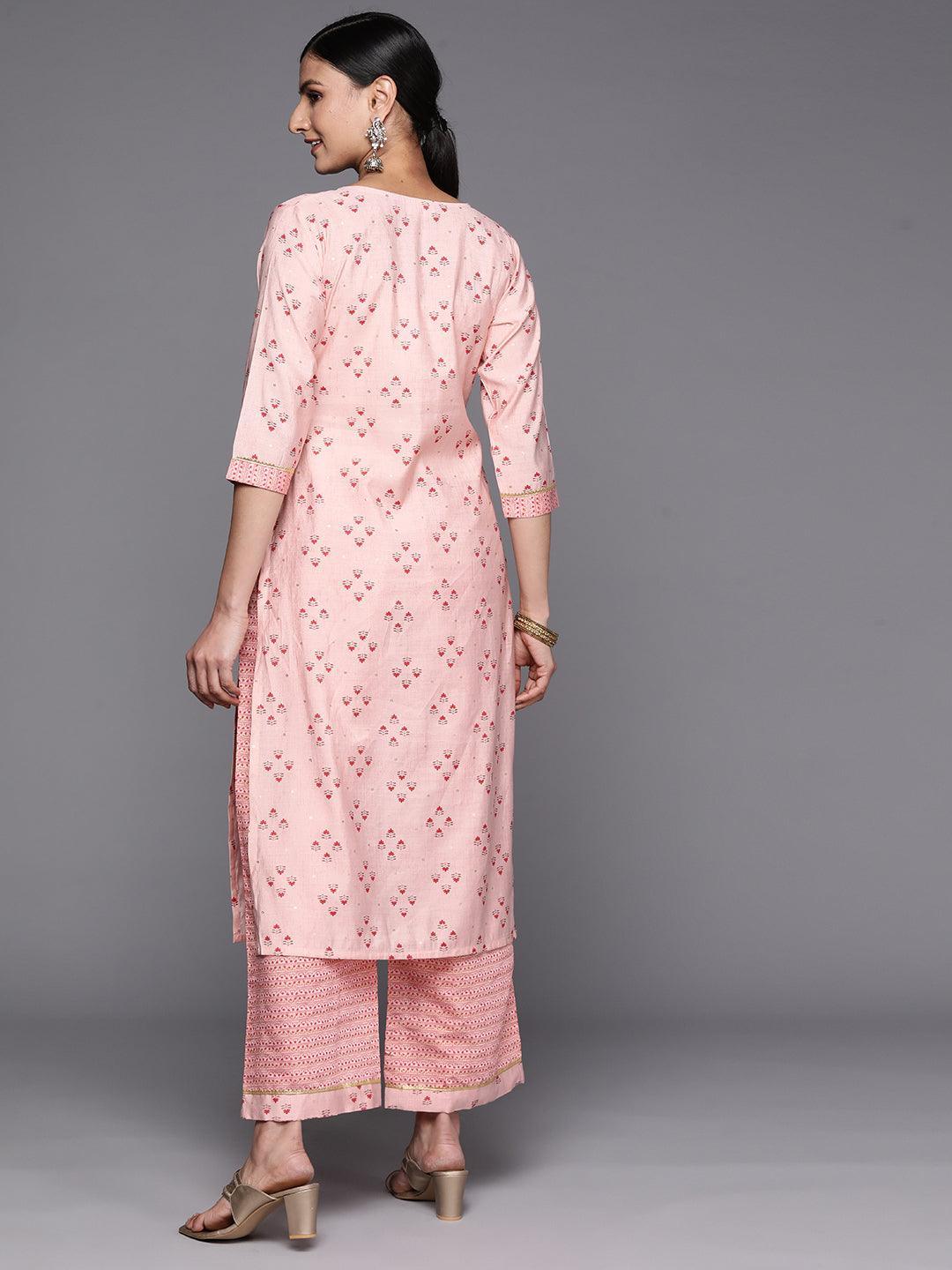 Peach Printed Silk Blend Straight Kurta Set With Palazzos