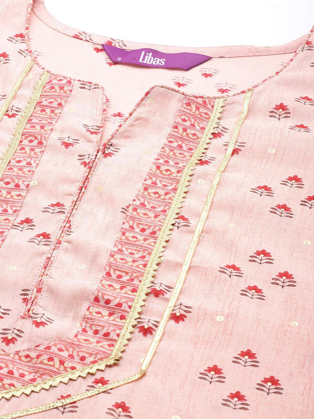 Peach Printed Silk Blend Straight Kurta Set With Palazzos