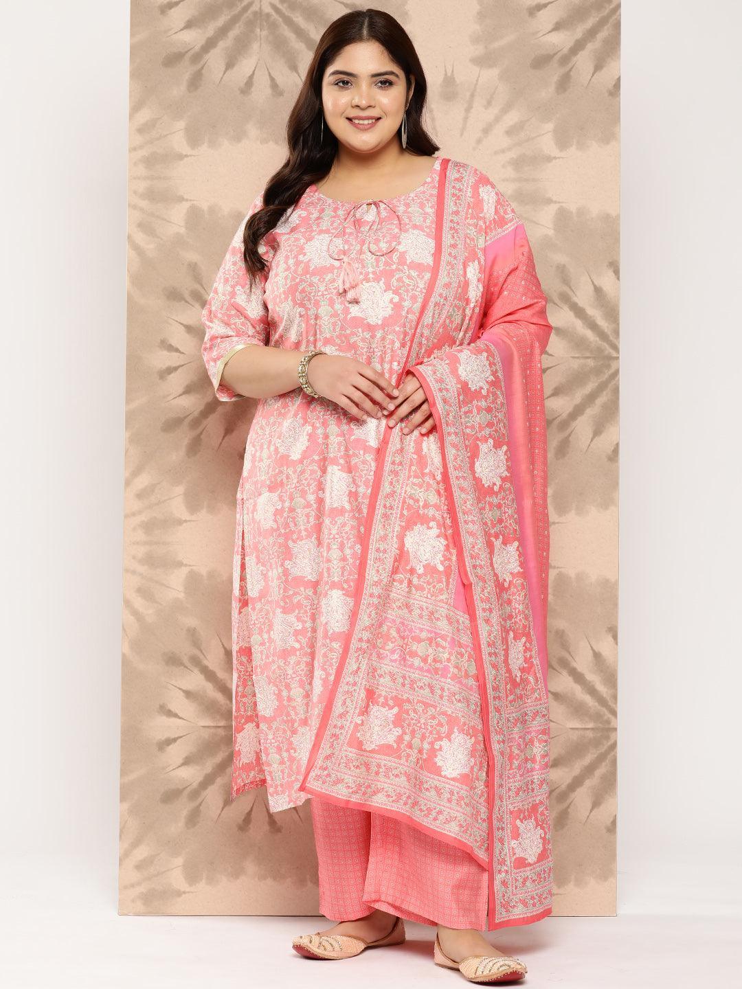 Peach Printed Silk Blend Straight Kurta With Trousers and Dupatta