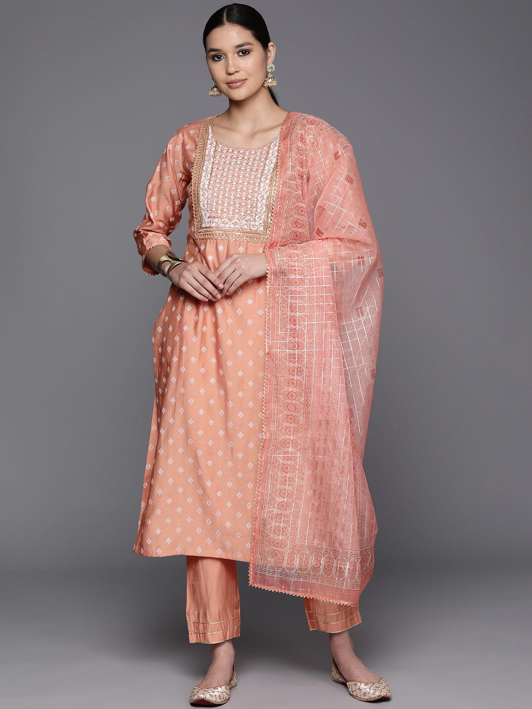 Peach Printed Silk Blend Straight Kurta With Trousers & Dupatta