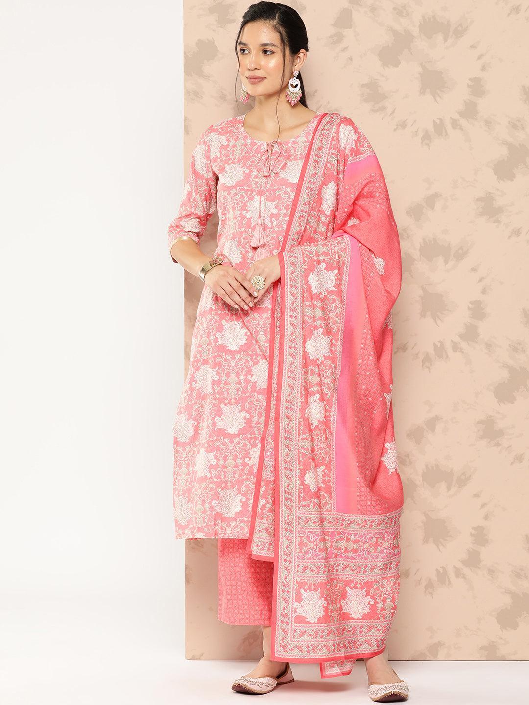 Peach Printed Silk Blend Straight Kurta With Trousers and Dupatta