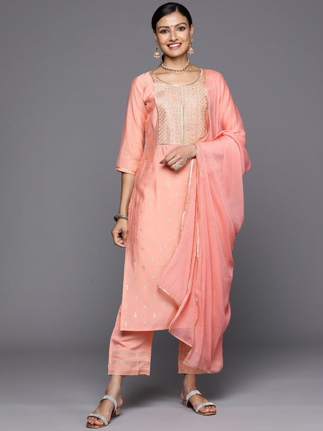 Peach Printed Silk Blend Straight Kurta With Trousers & Dupatta - Libas