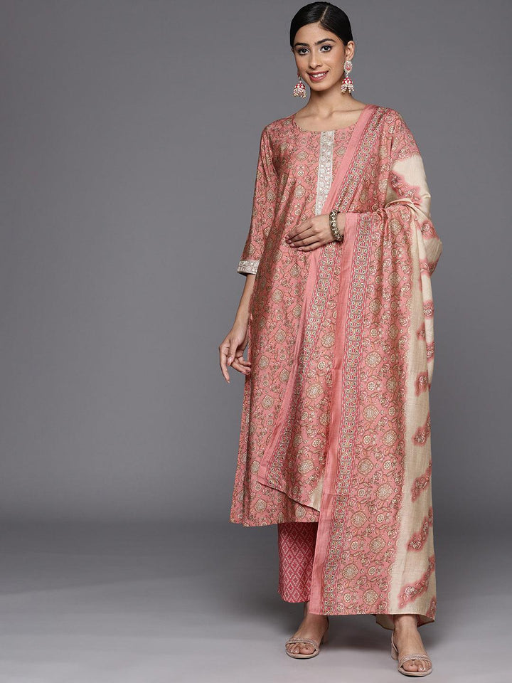 Peach Printed Silk Blend Straight Suit Set With Trousers - ShopLibas