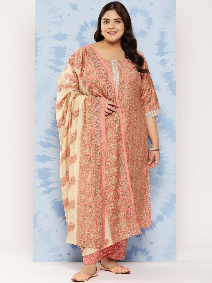 Peach Printed Silk Blend Straight Kurta With Trousers and Dupatta - Libas