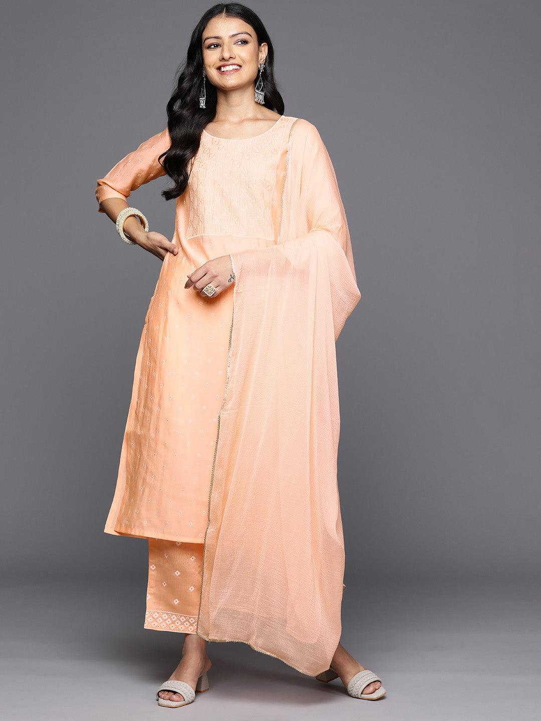 Peach Printed Silk Blend Straight Kurta With Trousers & Dupatta