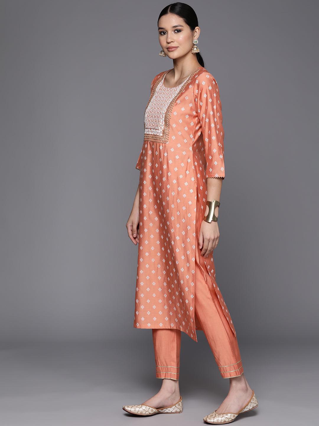 Peach Printed Silk Blend Straight Kurta With Trousers & Dupatta