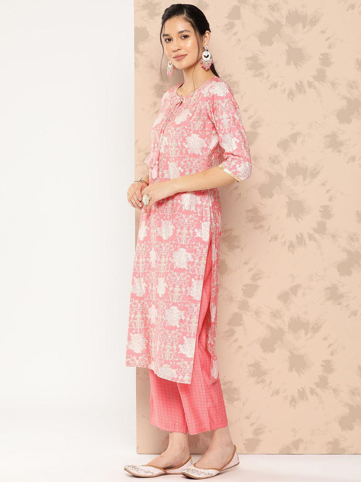 Peach Printed Silk Blend Straight Kurta With Trousers and Dupatta - Libas