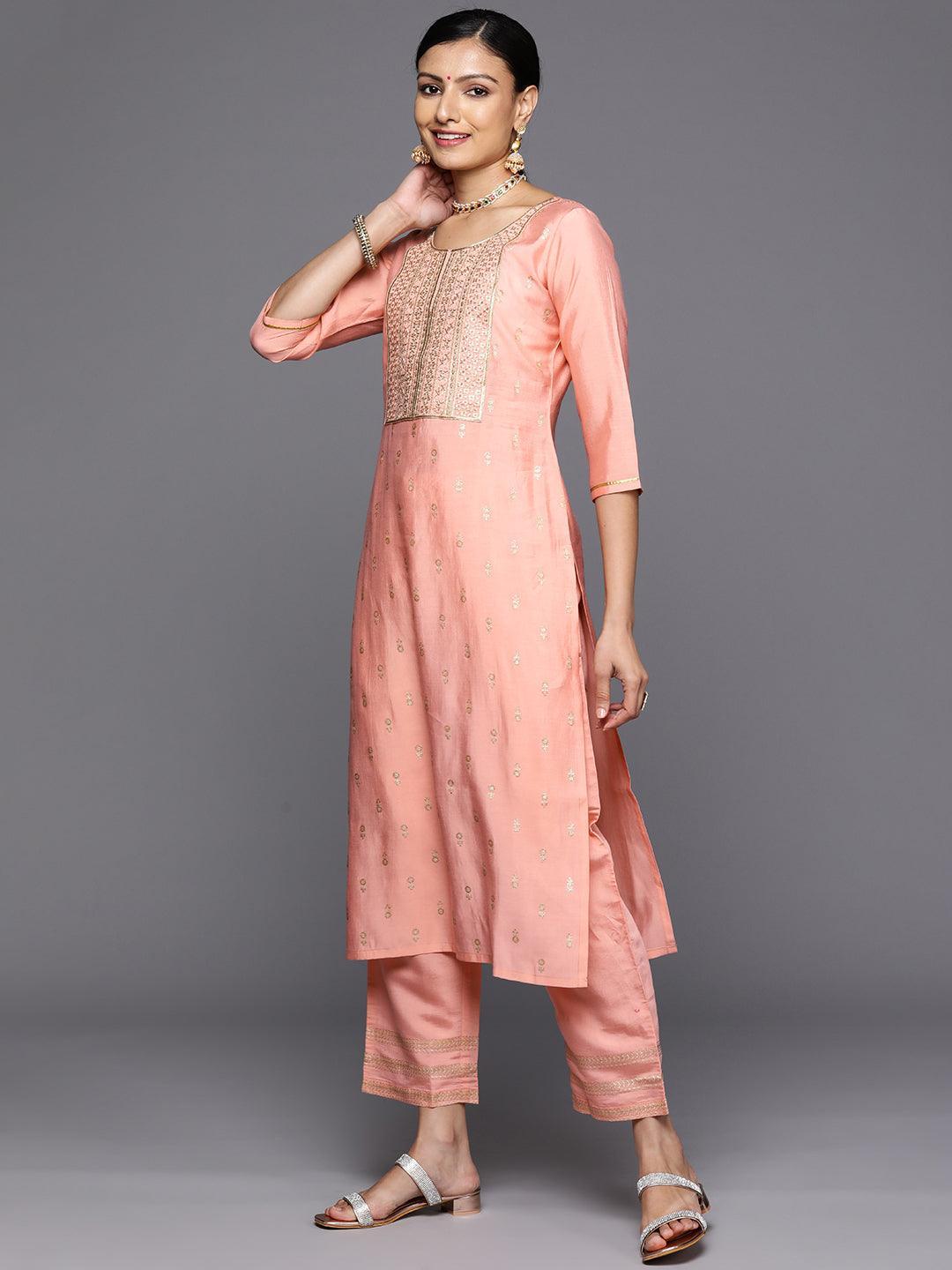 Peach Printed Silk Blend Straight Kurta With Trousers & Dupatta