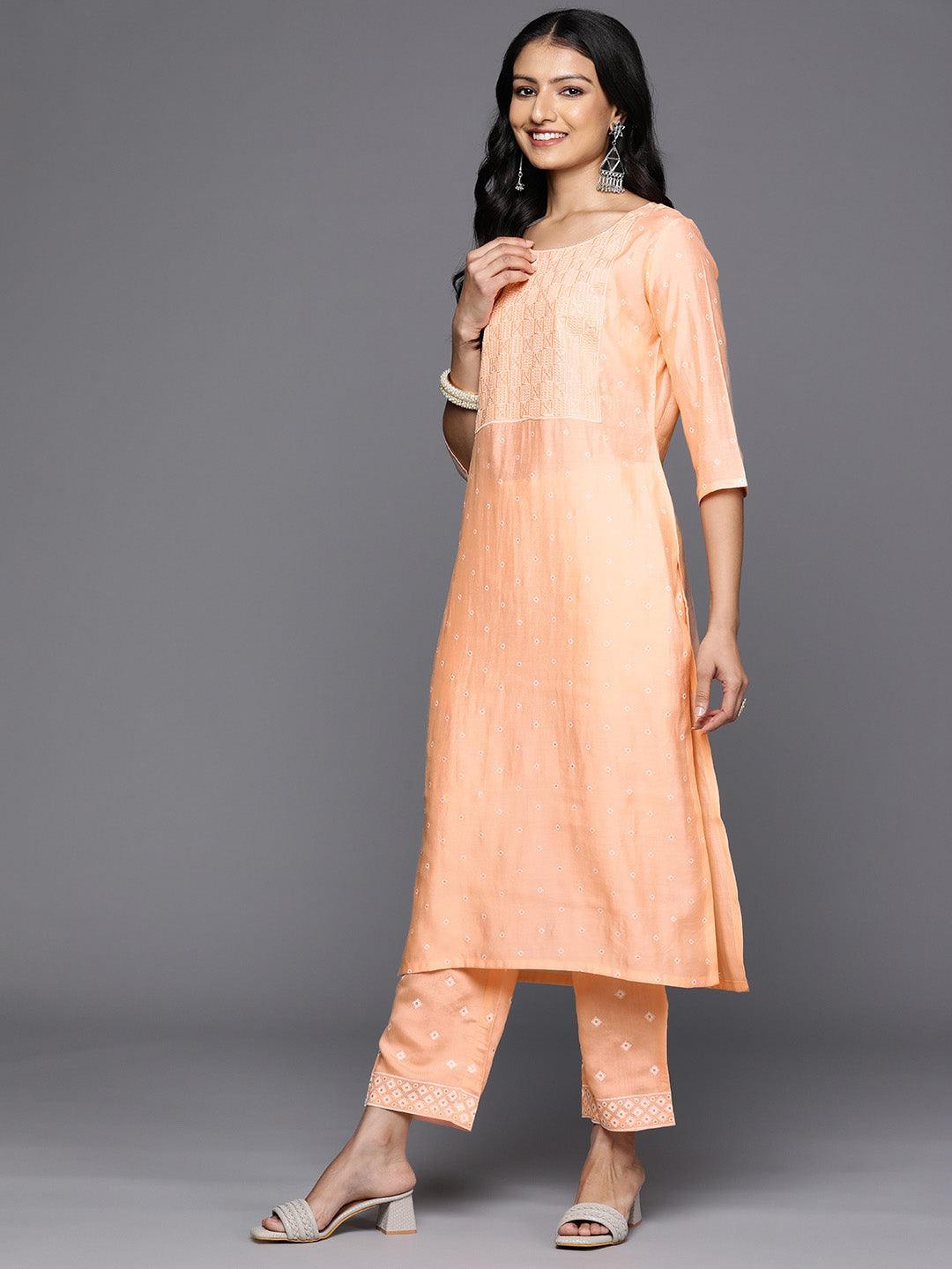 Peach Printed Silk Blend Straight Kurta With Trousers & Dupatta