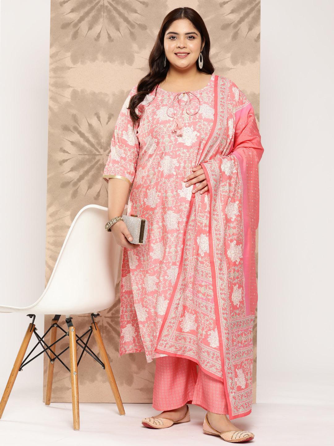 Peach Printed Silk Blend Straight Kurta With Trousers and Dupatta