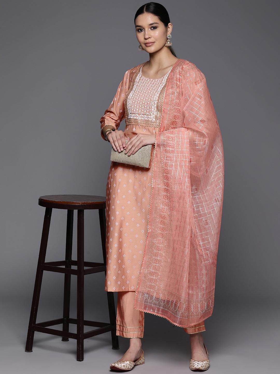 Peach Printed Silk Blend Straight Kurta With Trousers & Dupatta