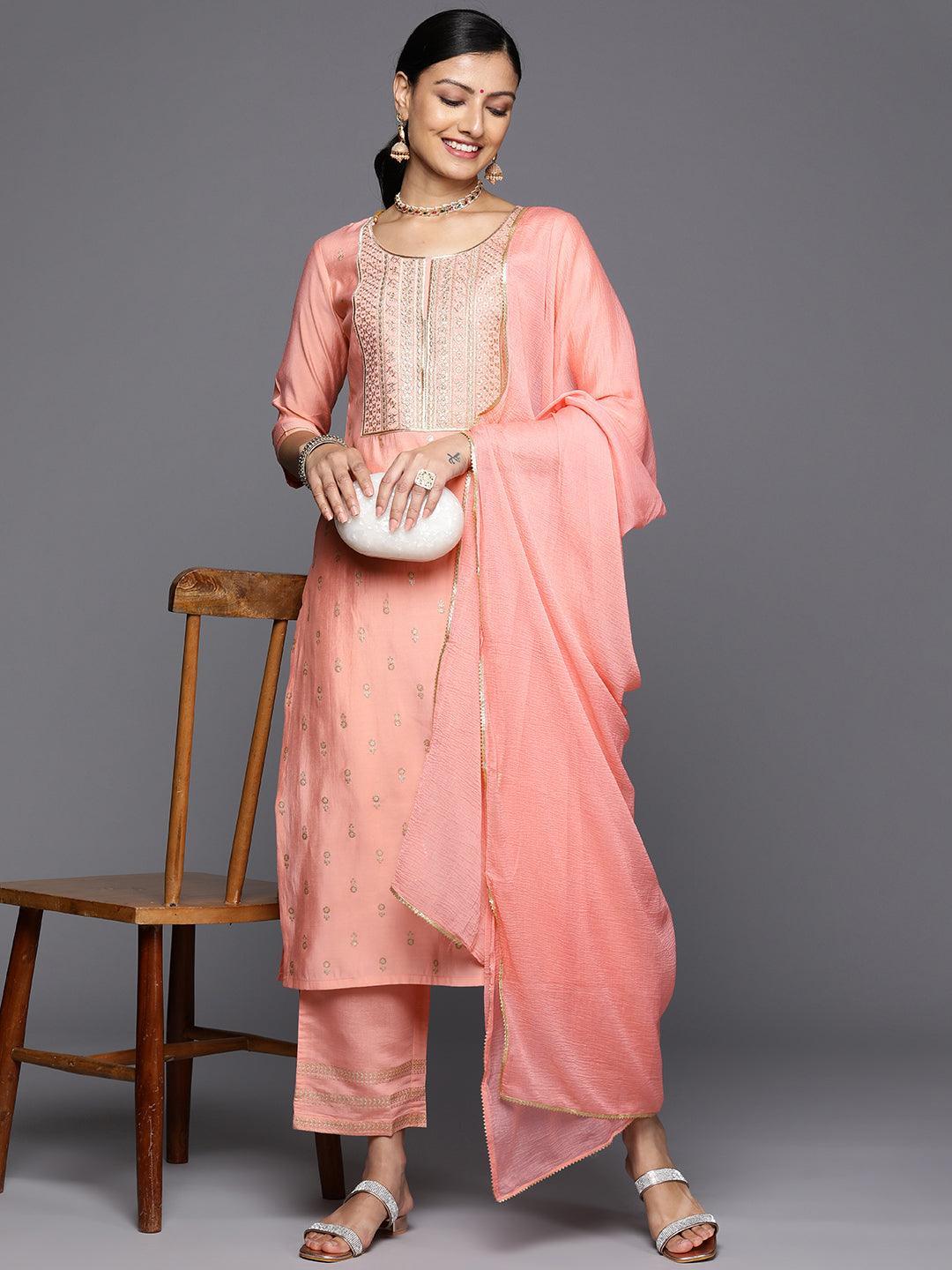 Peach Printed Silk Blend Straight Kurta With Trousers & Dupatta