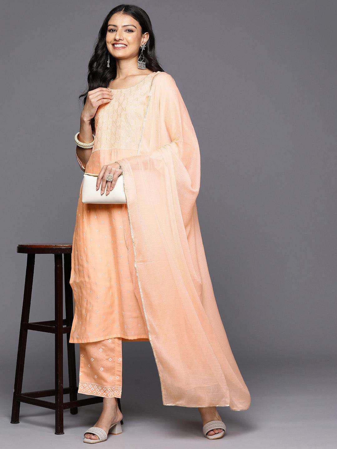 Peach Printed Silk Blend Straight Kurta With Trousers & Dupatta