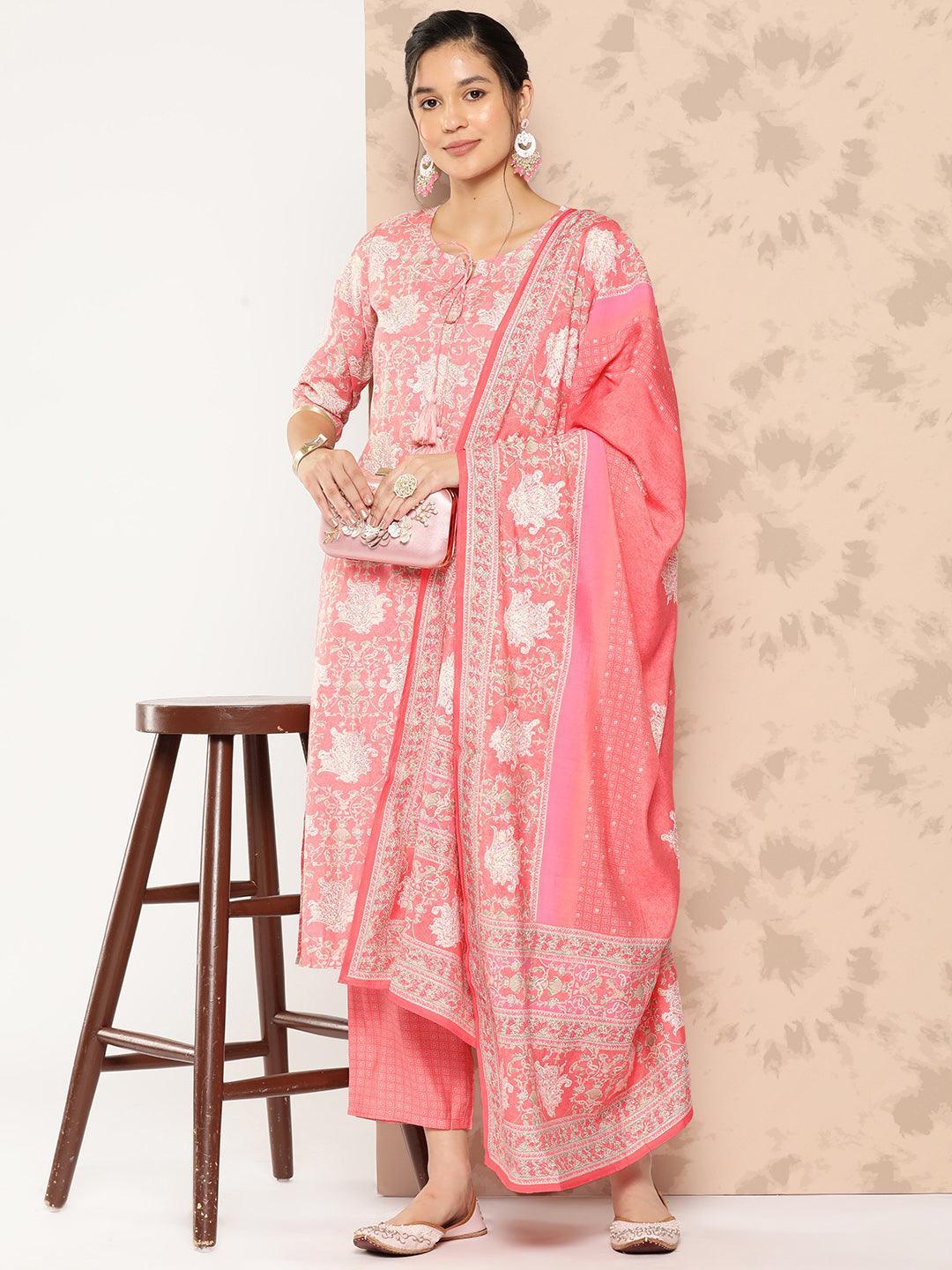 Peach Printed Silk Blend Straight Kurta With Trousers and Dupatta