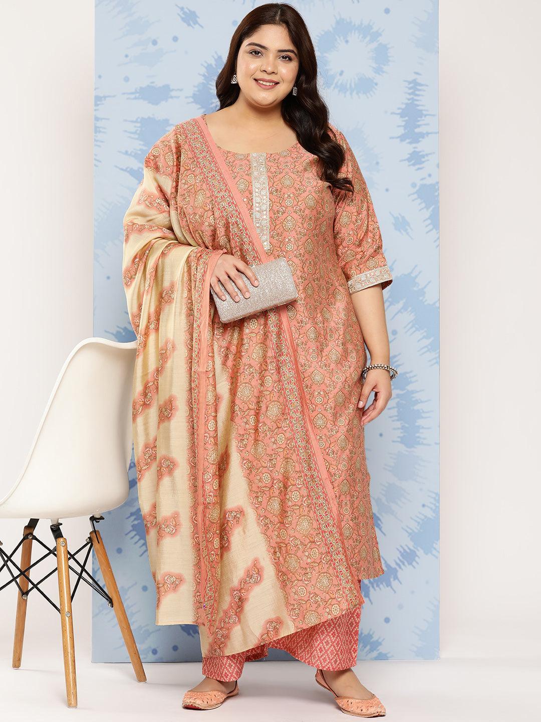 Peach Printed Silk Blend Straight Kurta With Trousers and Dupatta - Libas