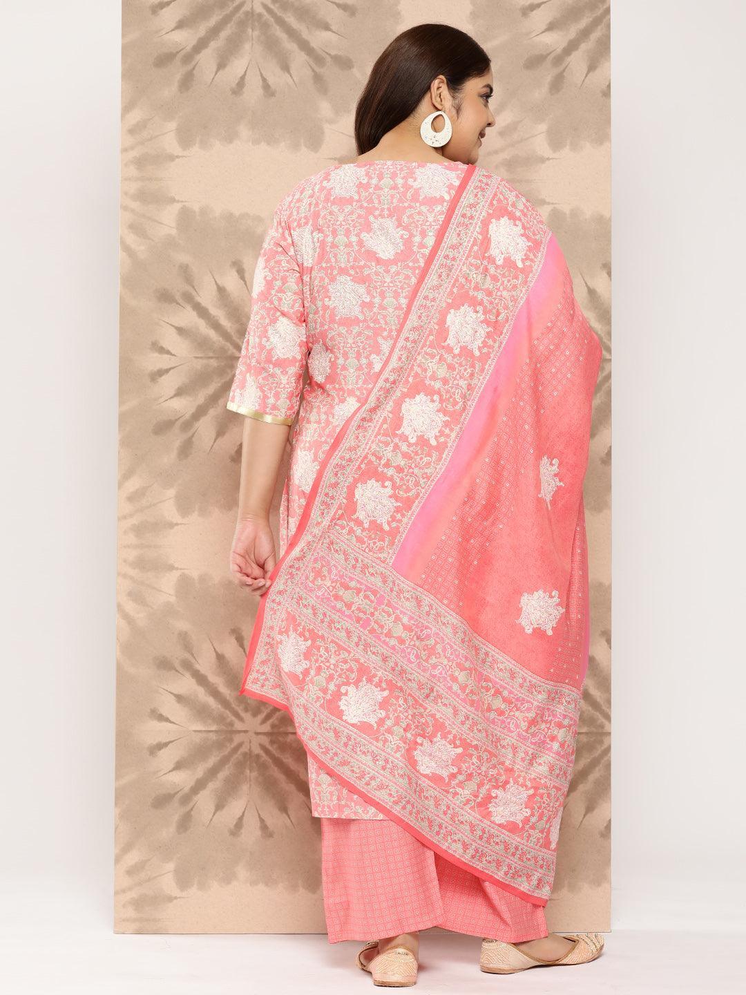 Peach Printed Silk Blend Straight Kurta With Trousers and Dupatta