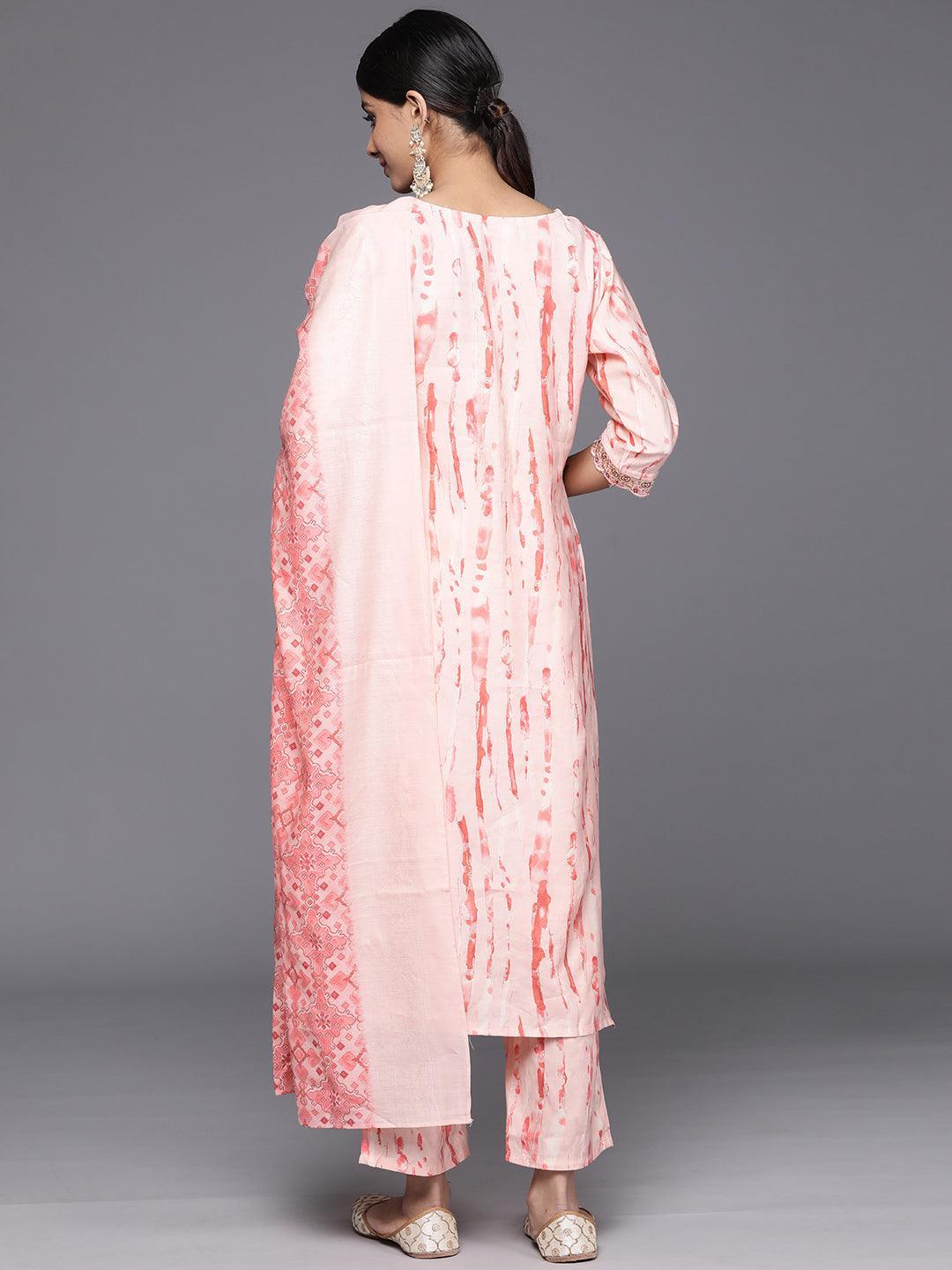 Peach Printed Silk Blend Straight Kurta With Trousers & Dupatta