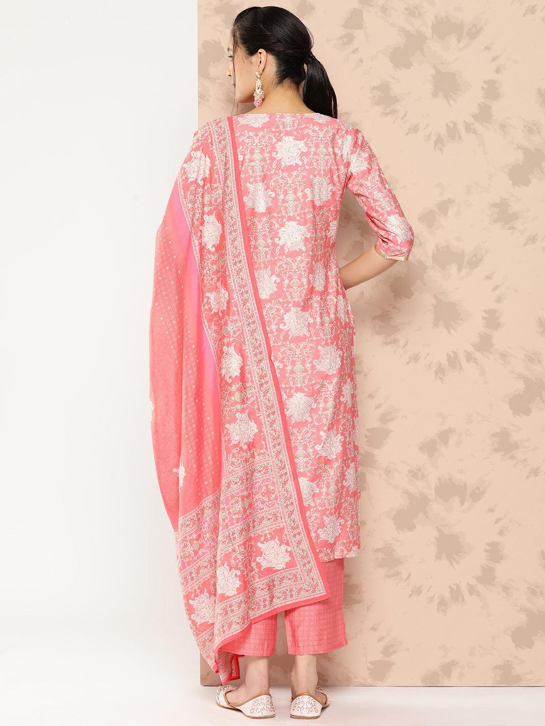 Peach Printed Silk Blend Straight Kurta With Trousers and Dupatta