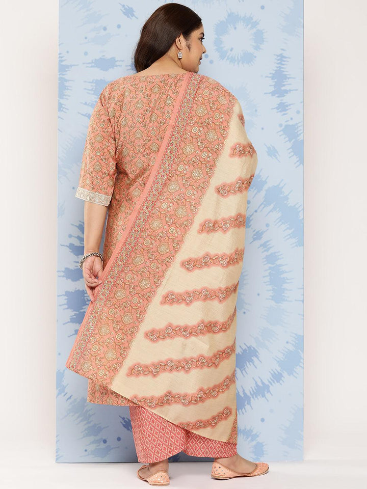 Peach Printed Silk Blend Straight Kurta With Trousers and Dupatta - Libas