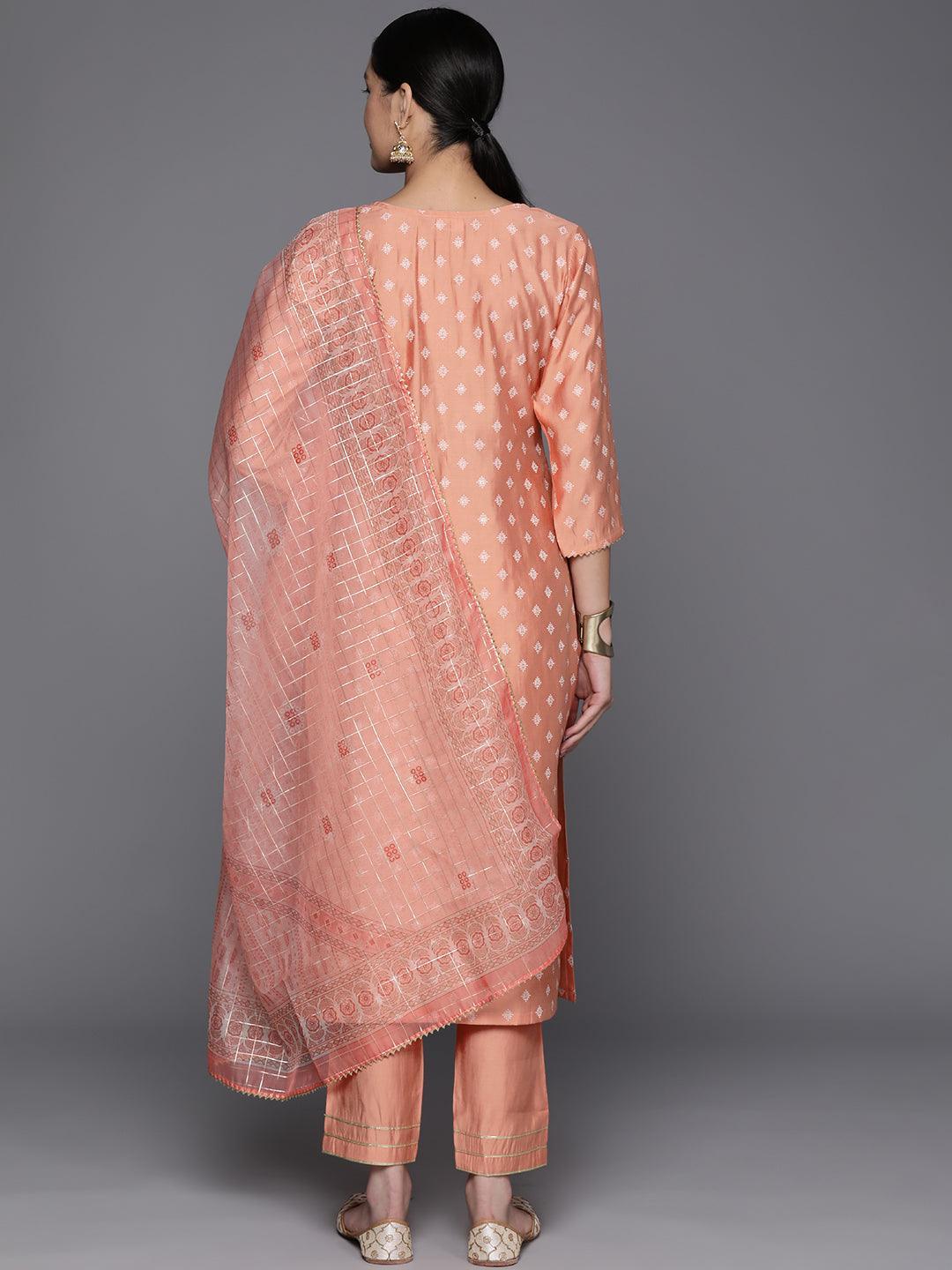 Peach Printed Silk Blend Straight Kurta With Trousers & Dupatta