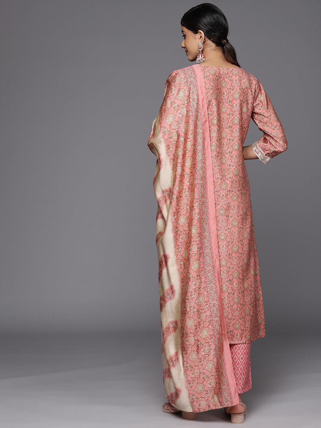 Peach Printed Silk Blend Straight Suit Set With Trousers - ShopLibas