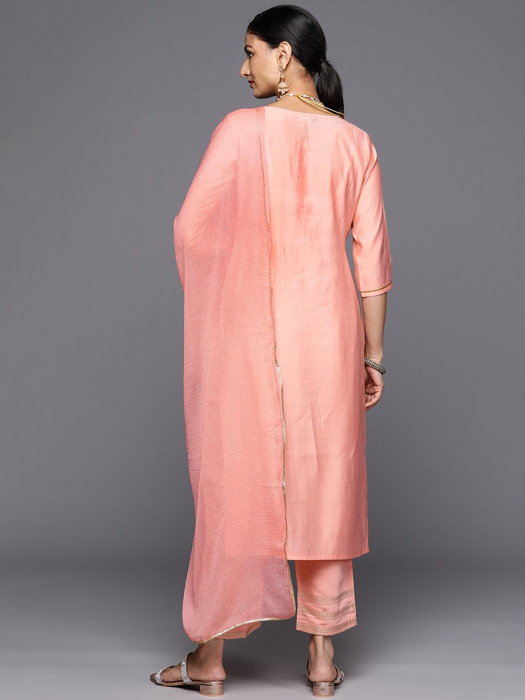 Peach Printed Silk Blend Straight Kurta With Trousers & Dupatta