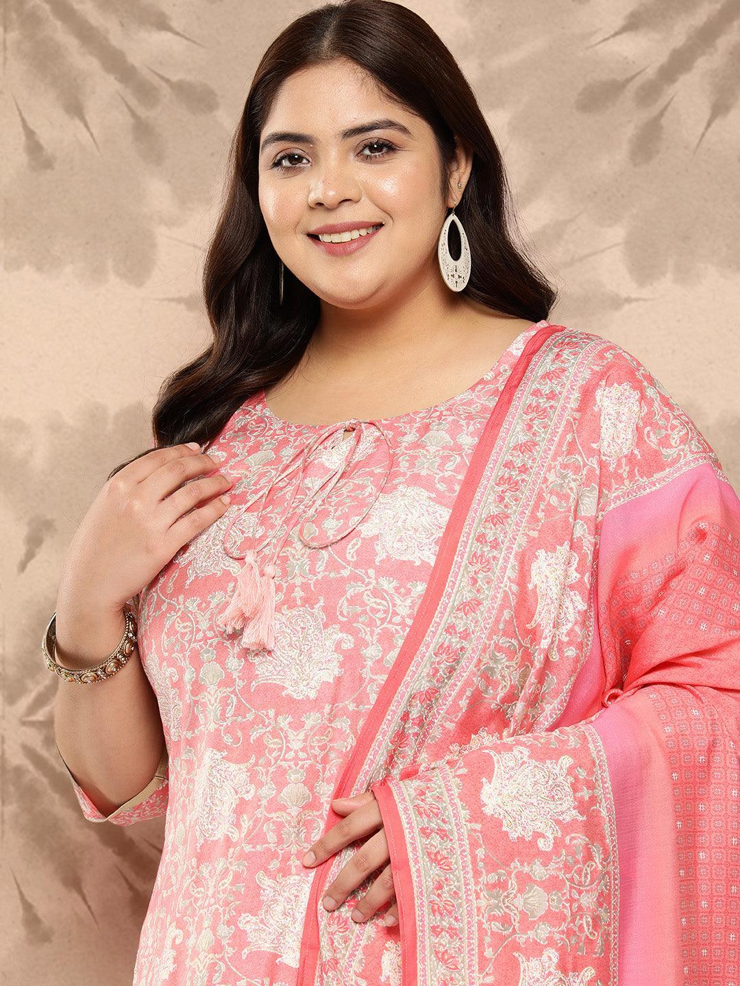 Peach Printed Silk Blend Straight Kurta With Trousers and Dupatta