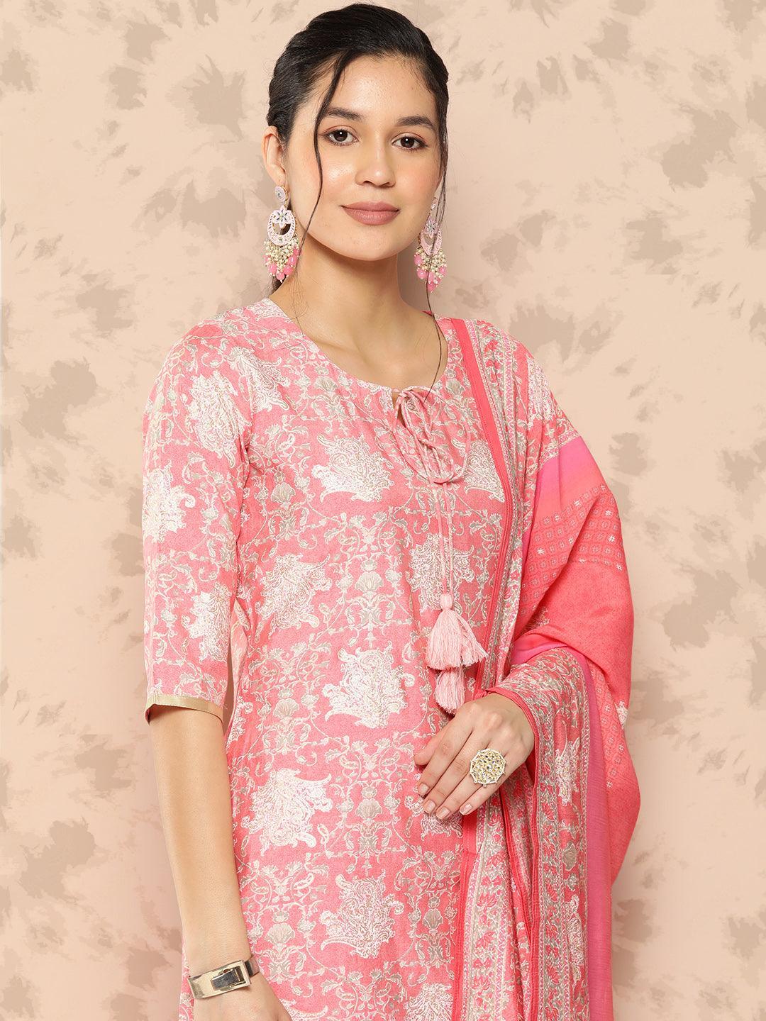 Peach Printed Silk Blend Straight Kurta With Trousers and Dupatta